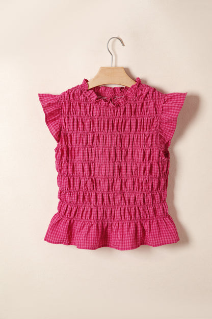 Gingham Plaid Shirred Ruffle Trim Tank Top