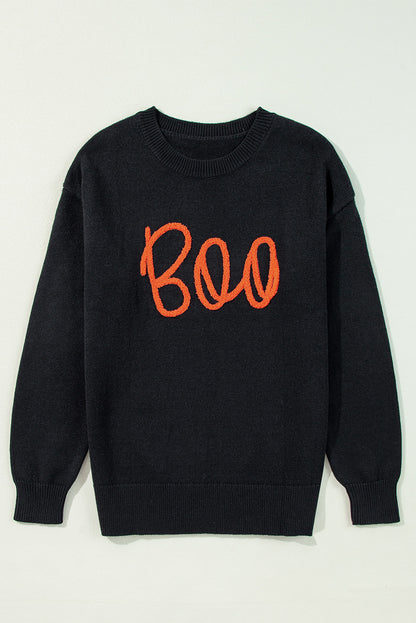 Halloween Boo Drop Shoulder Ribbed Trim Sweater