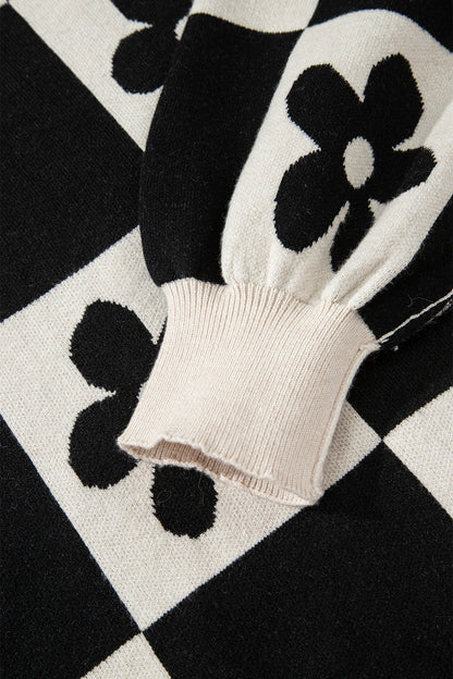 Flower Checker Henley Baggy Sweater