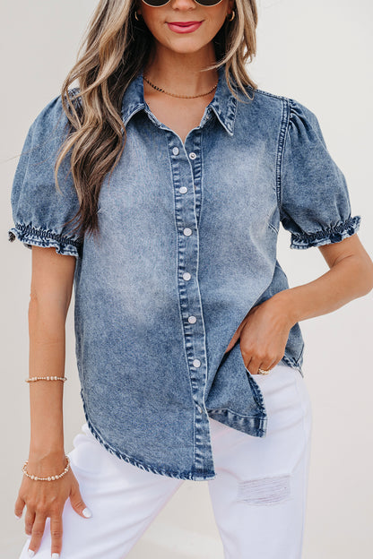 Denim Frilled Short Sleeve Snap Button Shirt