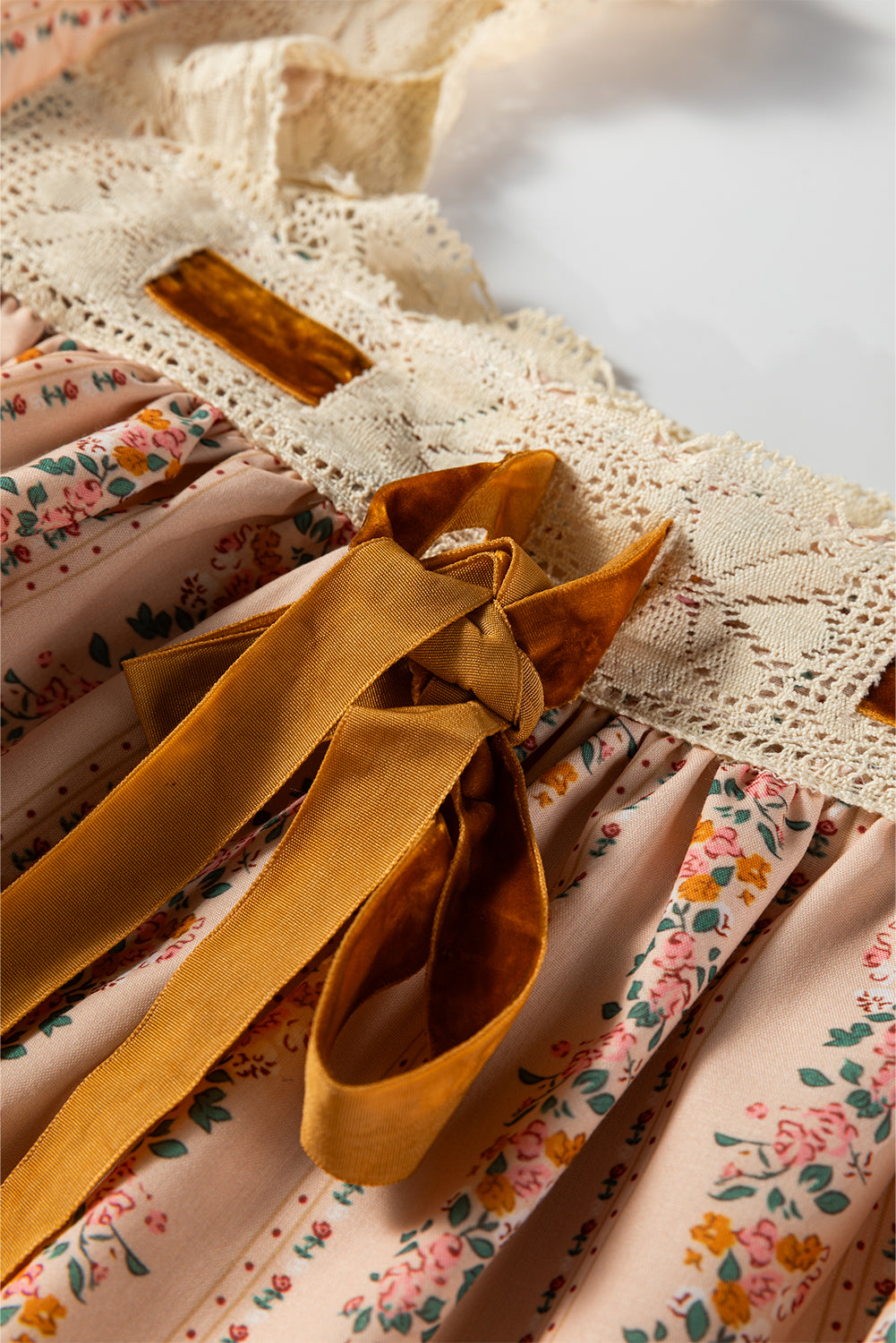 Floral Lace Square Neck Velvet Bow Tie Mini Dress