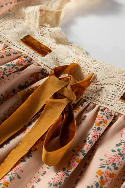 Floral Lace Square Neck Velvet Bow Tie Mini Dress