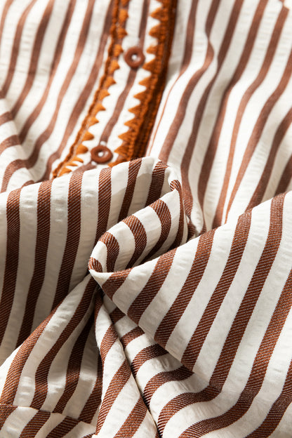 Stripe Embroidered Trim Ruffle Hem Collared Dress