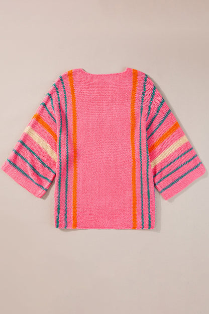 Stripe Detail Wide 3/4 Sleeve Knit Top