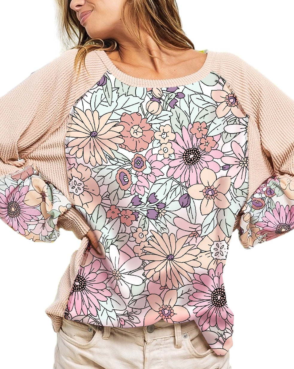 Floral Colorblock Long Sleeve Top