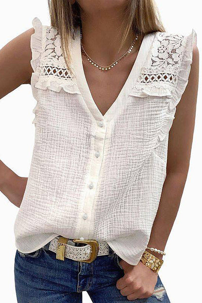 Gauze Lace Buttoned V-Neck Shirt