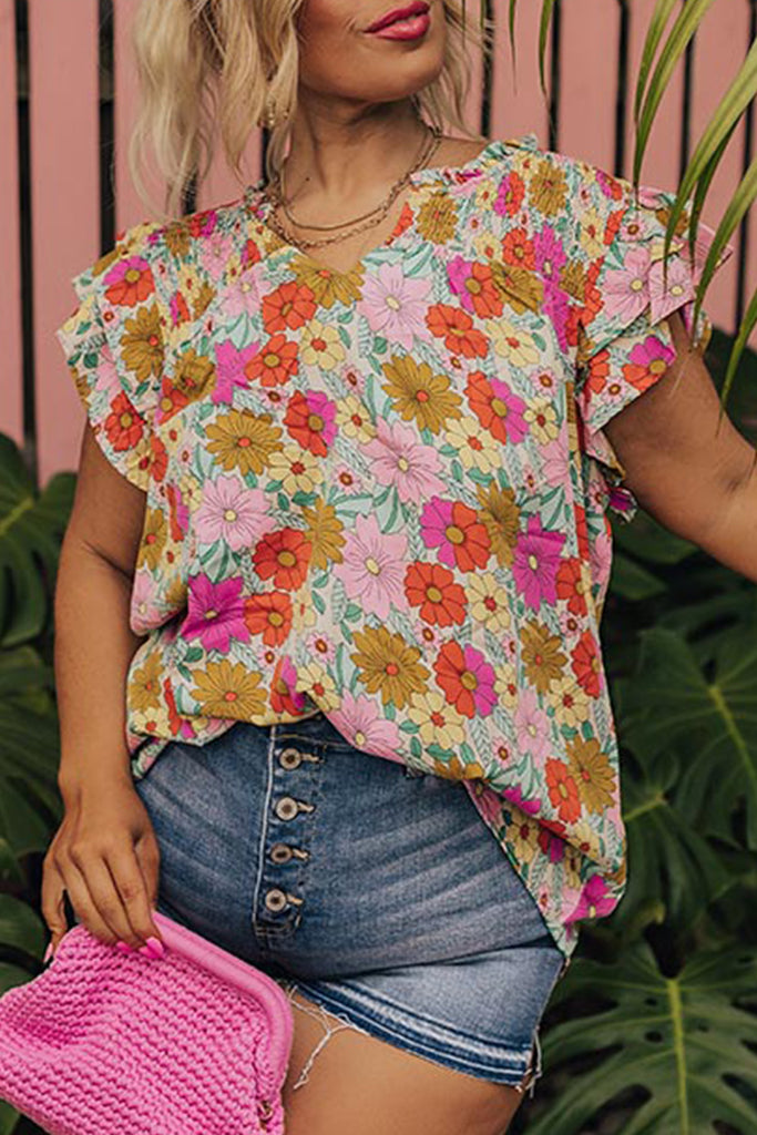 Floral Ruffle Sleeve Blouse Plus Size