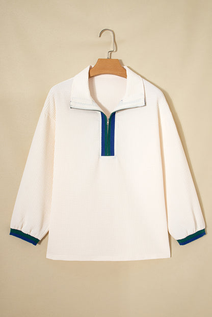 Stripe Contrast Waffle Knit Zip Up Polo Sweatshirt