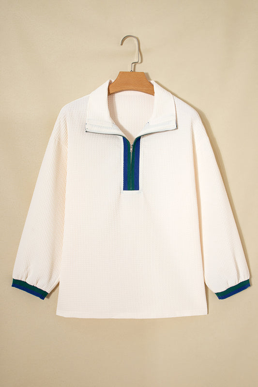 Stripe Contrast Waffle Knit Zip Up Polo Sweatshirt