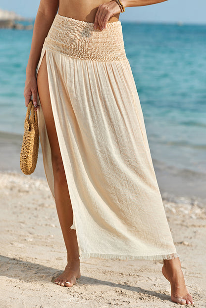 Shirred High Waist Side Slit Beach Maxi Skirt