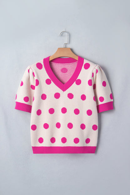 Polka Dot Puff Short Sleeve Sweater Top