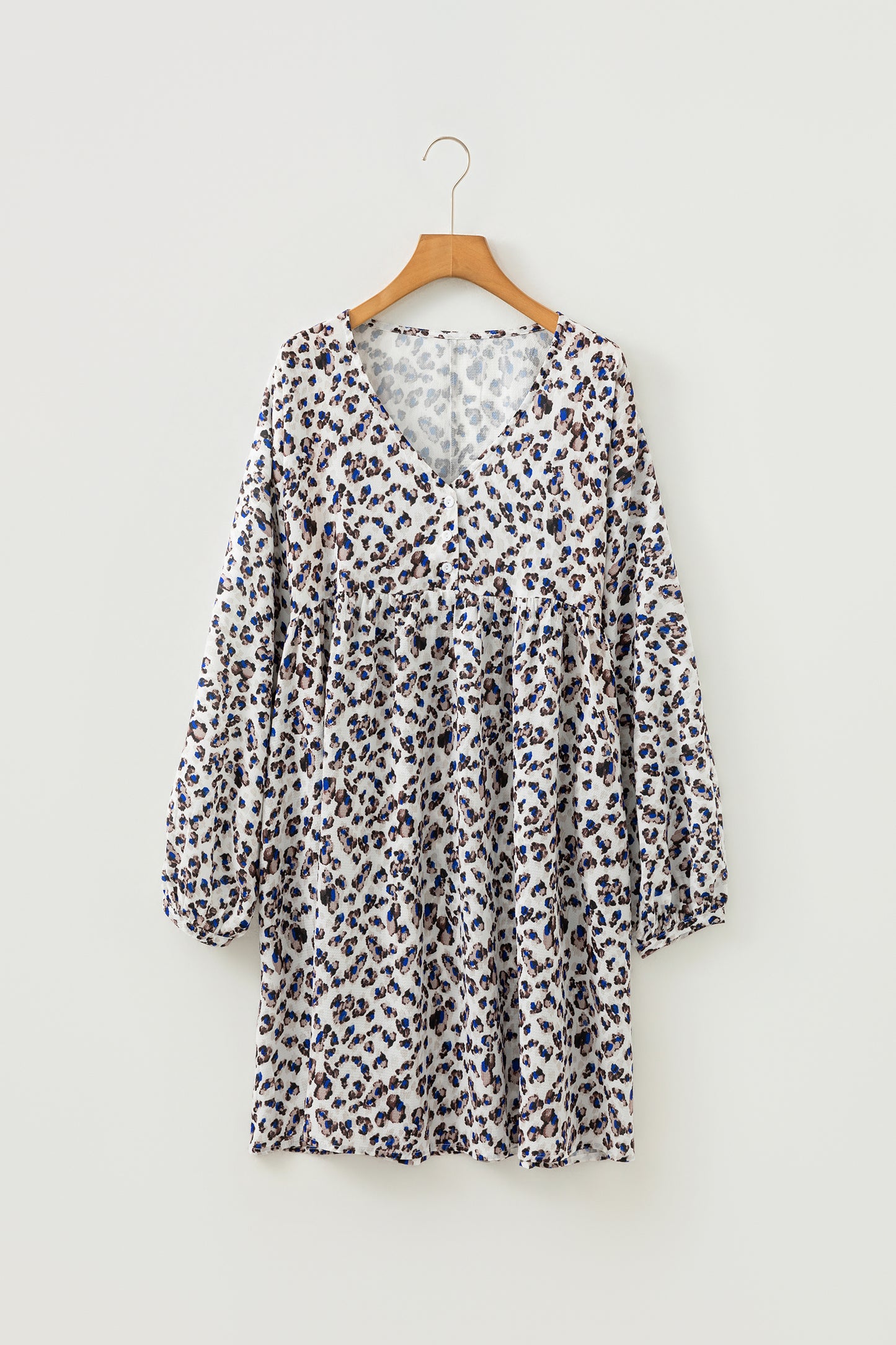Leopard Buttoned V-Neck Long Sleeve Mini Dress