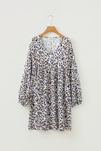 Leopard Buttoned V-Neck Long Sleeve Mini Dress