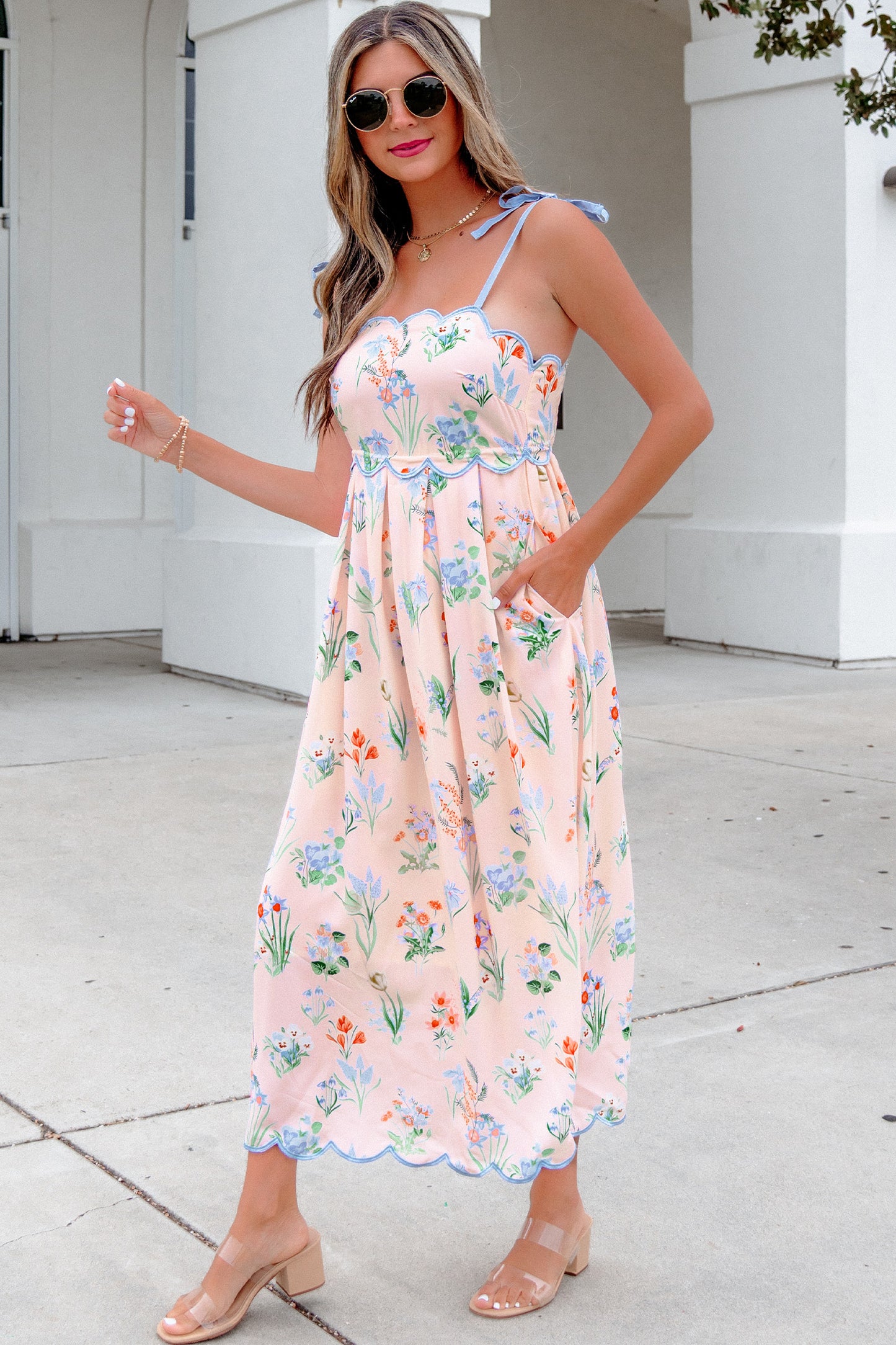 Floral Contrast Trim Tie Strap Midi Dress