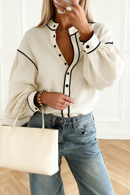 Contrast Trim Buttoned Long Puff Sleeve Shirt