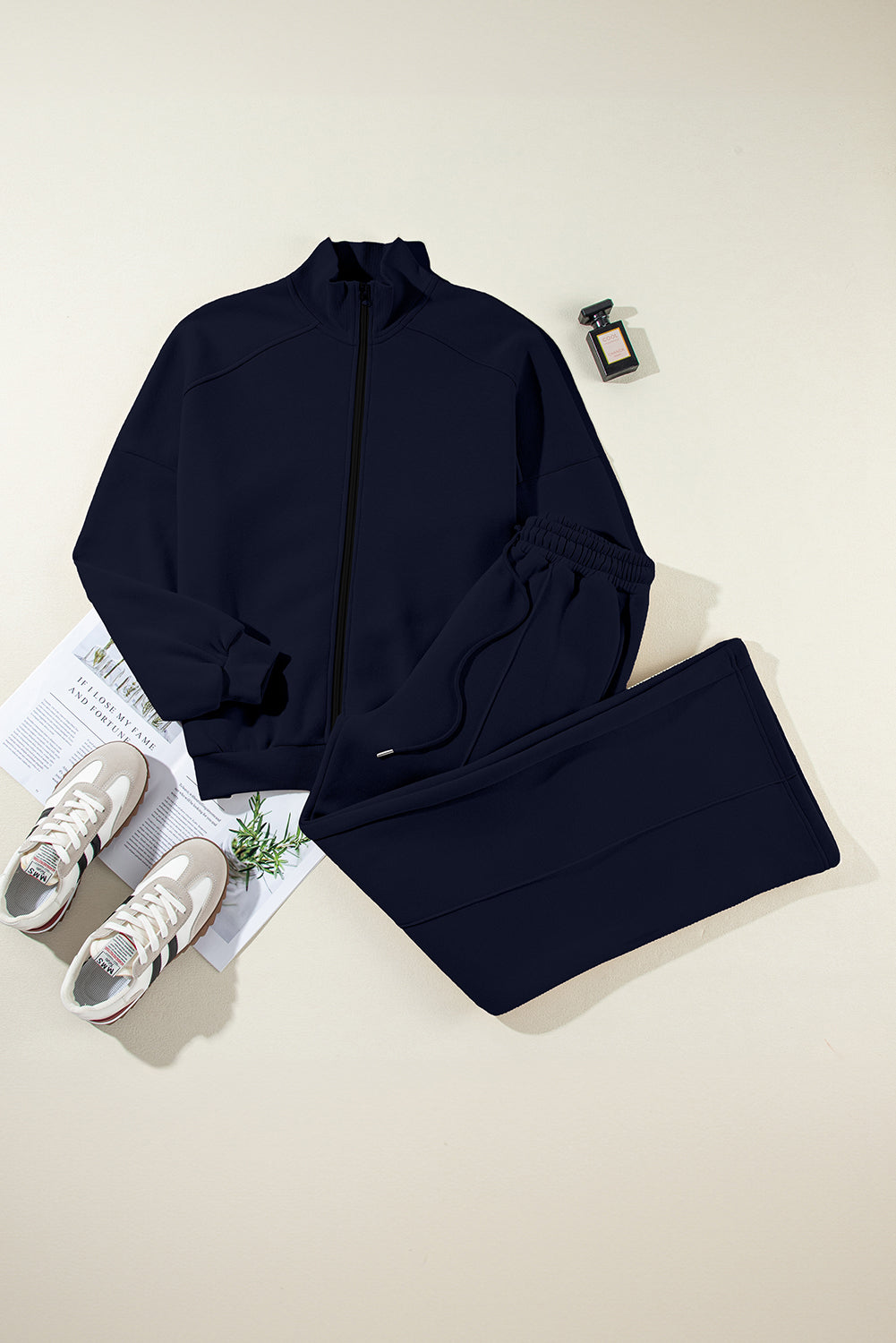 Solid Zip-Up Jacket and Drawstring Pants Set