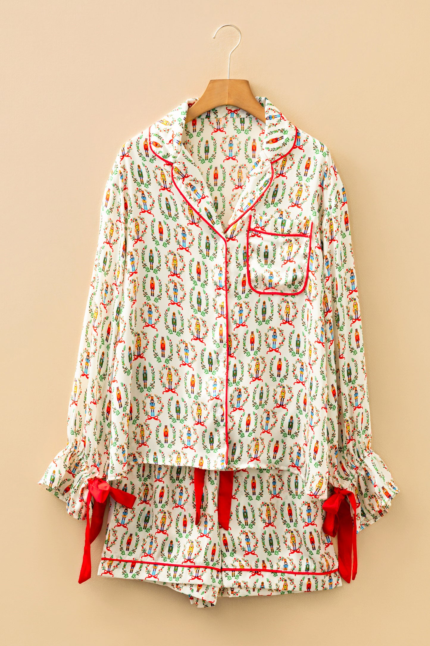 Christmas Nutcracker Bow Contrast Trim Pajama Set