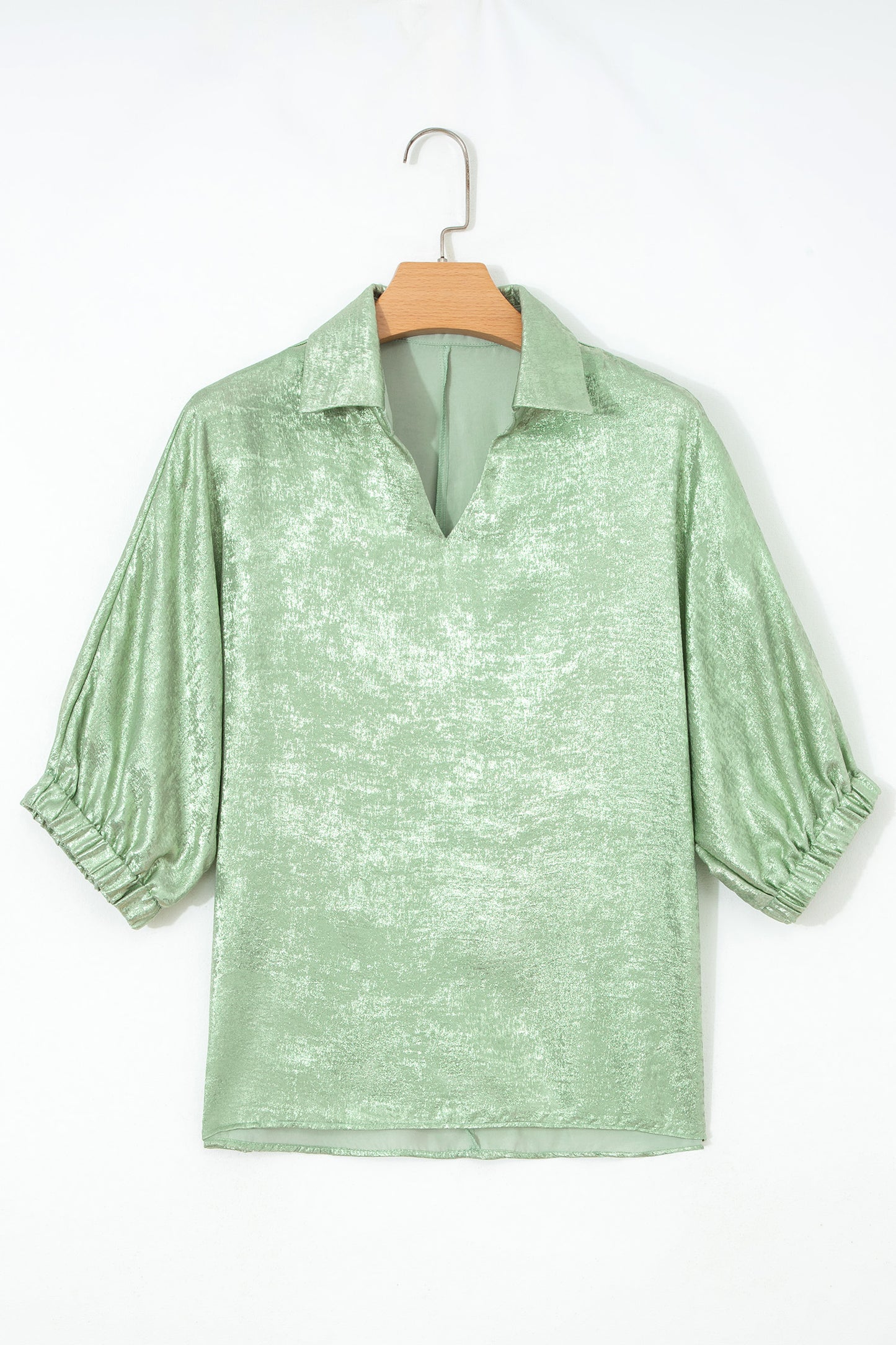 Metallic Collared V-Neck 3/4 Sleeve Top