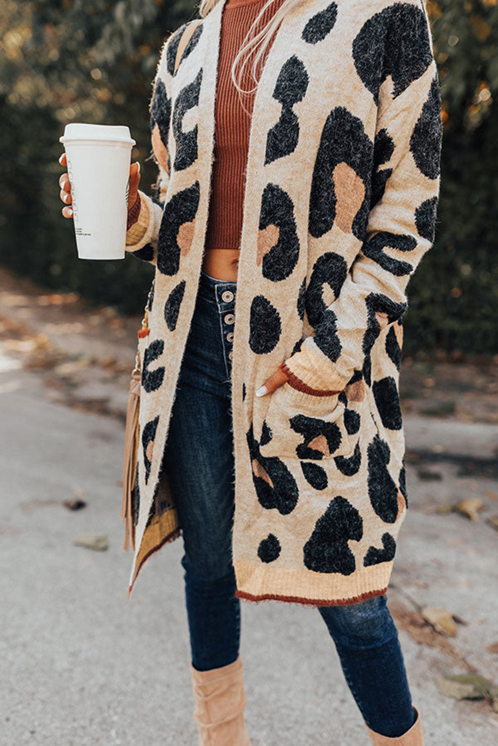 Leopard Open Front Pocketed Cardigan