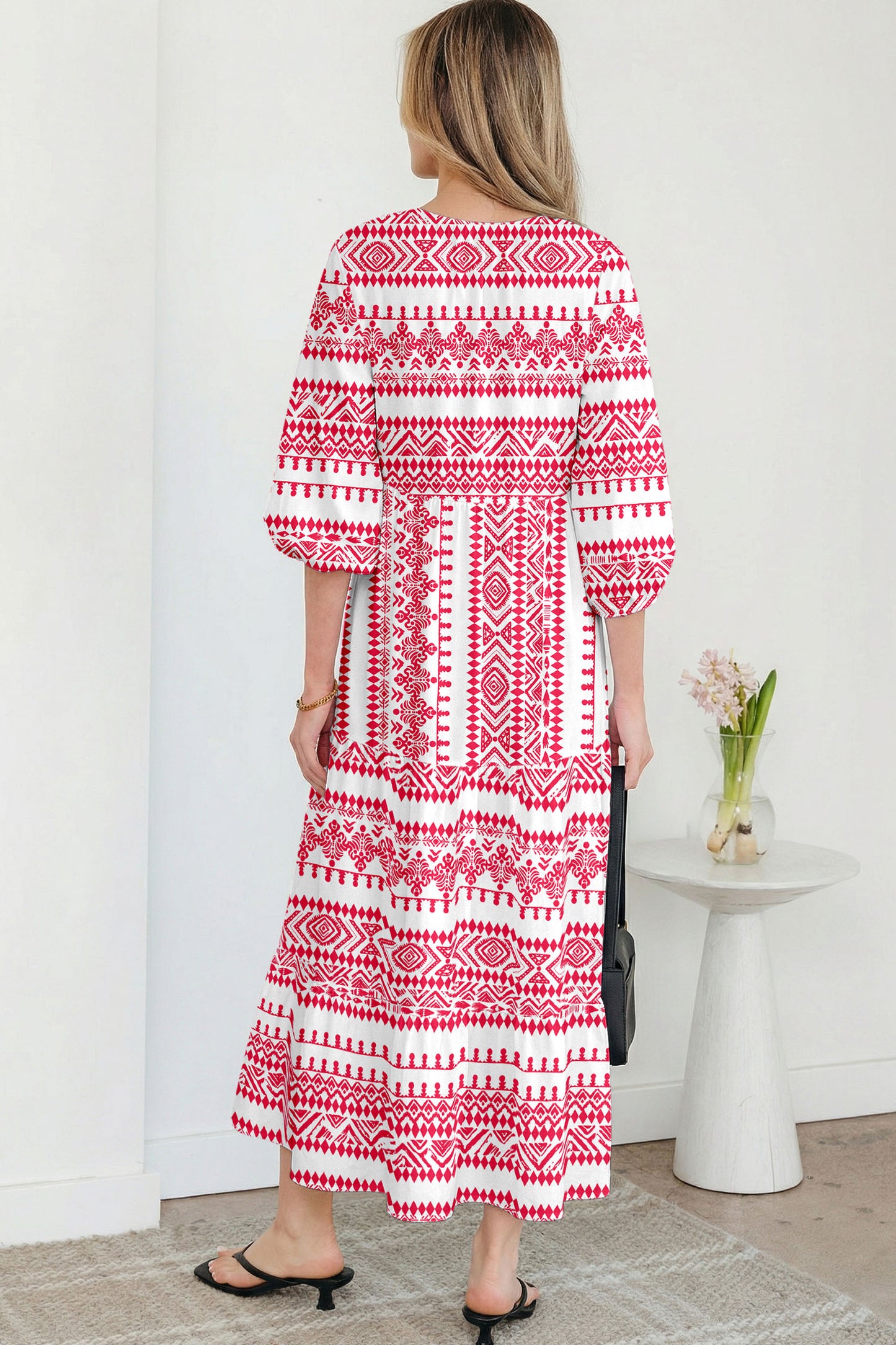 Boho Tied V-Neck 3/4 Sleeve Maxi Dress