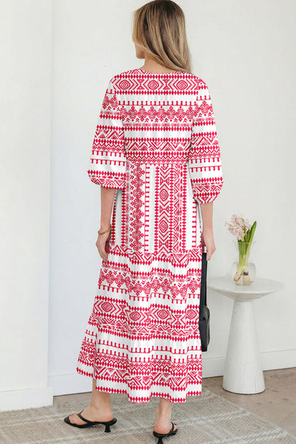 Boho Tied V-Neck 3/4 Sleeve Maxi Dress