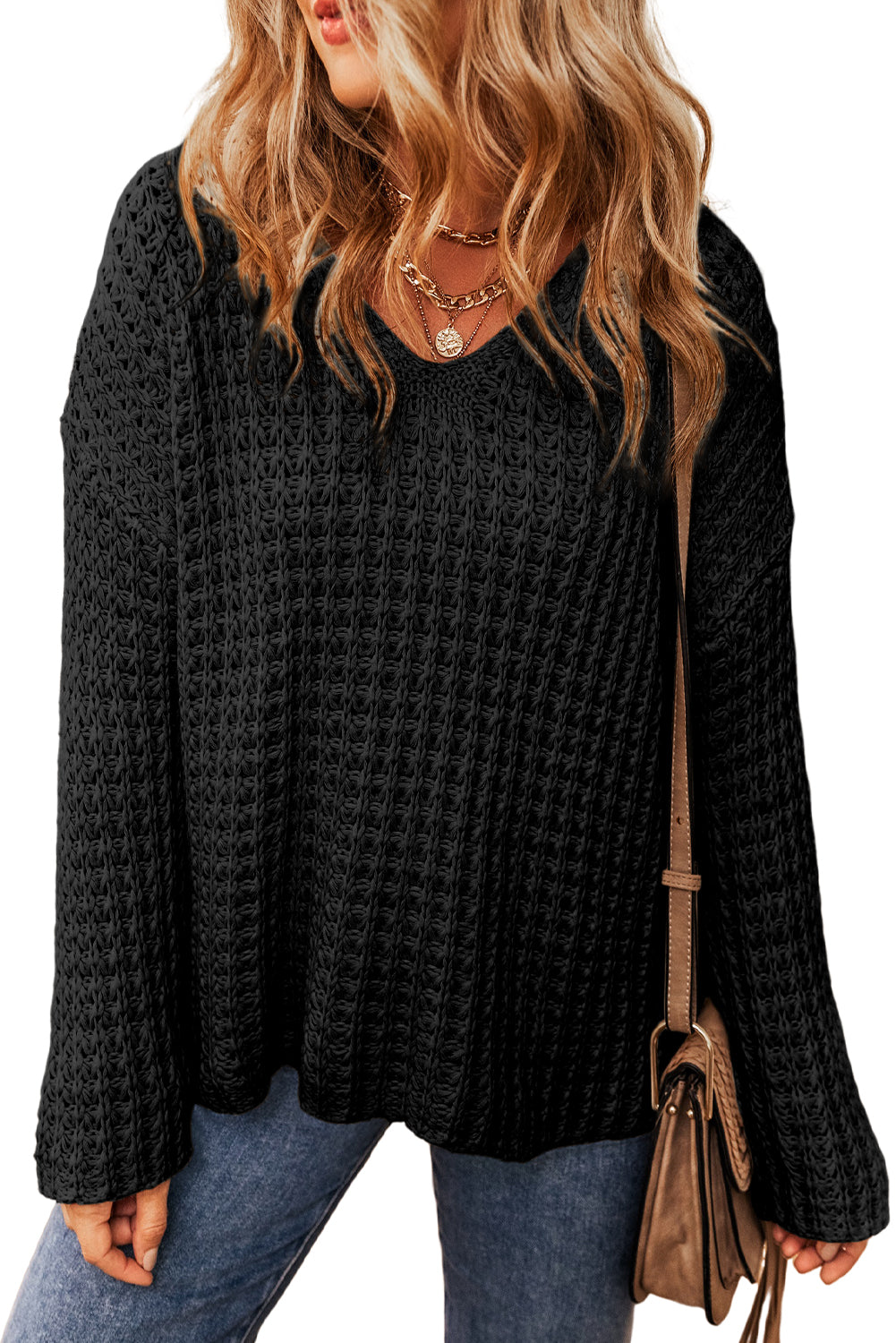 Hollowed Crochet V-Neck Sweater