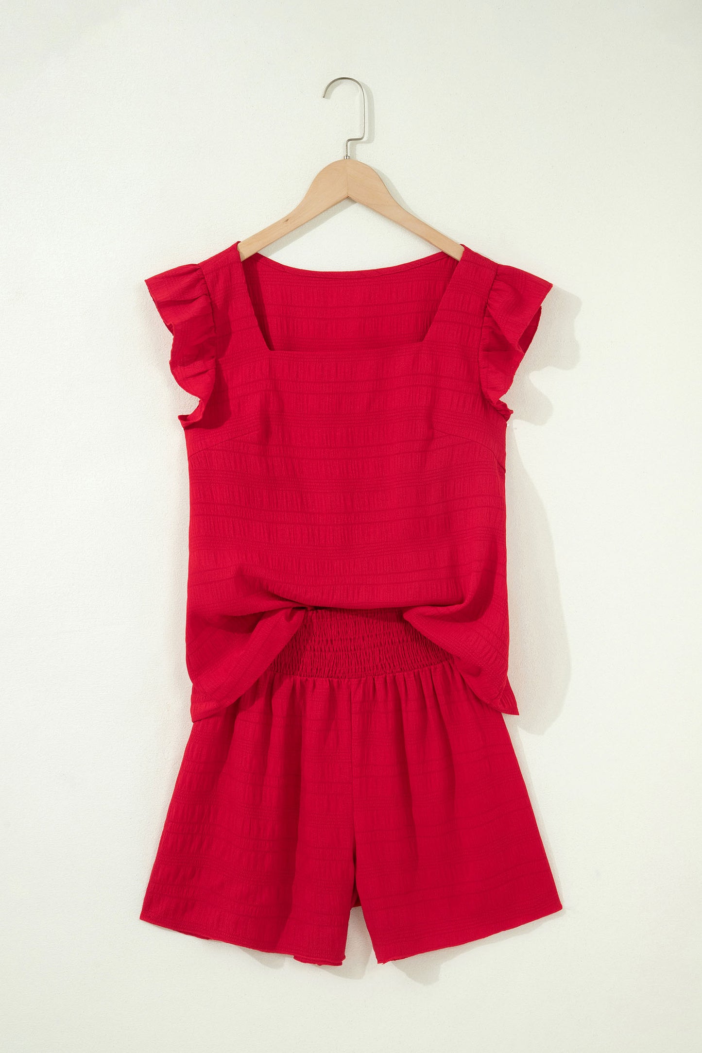 Solid Textured Square Neck Top & Shorts Set
