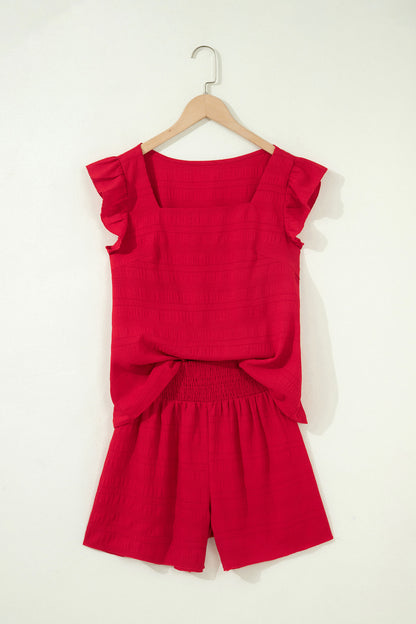 Solid Textured Square Neck Top & Shorts Set