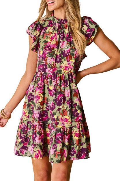 Floral Ruched Flutter Sleeve Dress