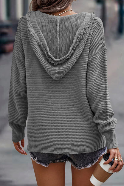 Ribbed Raw Edge Hooded Sweater