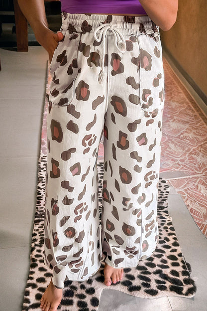 Leopard Drawstring High Waist Pocketed Pants