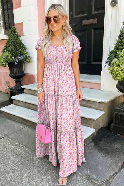 Floral Bubble Sleeve Shirred Waist Maxi Dress