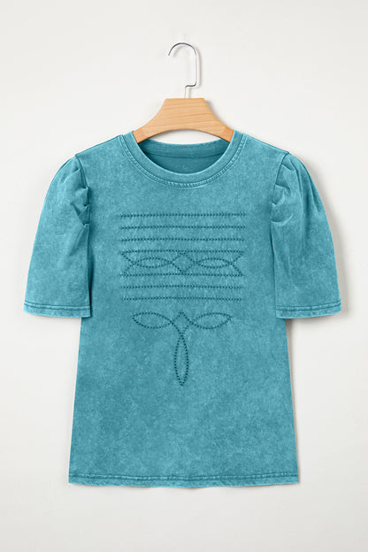 Western Embroidered Mineral Wash Puff Sleeve Tee