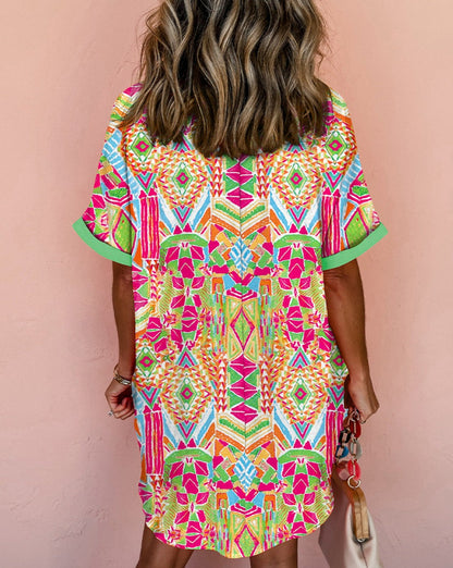 Geometric Short Sleeve Buttoned Dress