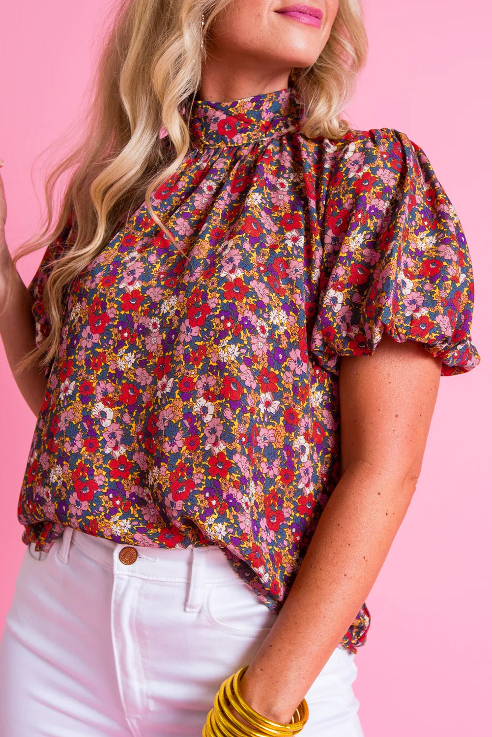 Floral Tied Mock Neck Blouse