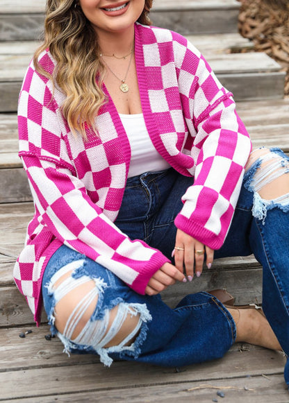 Plus Size Checker Open Front Cardigan