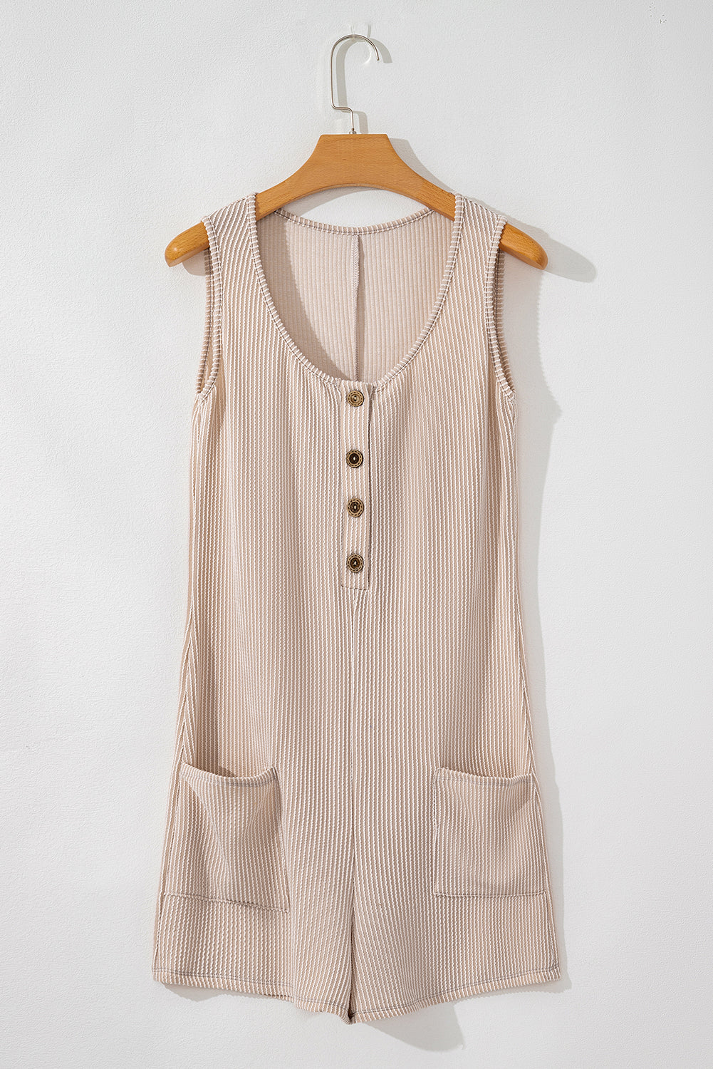 Corded Knit Side Pockets Buttoned Sleeveless Romper