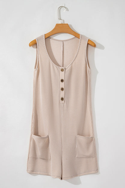 Corded Knit Side Pockets Buttoned Sleeveless Romper