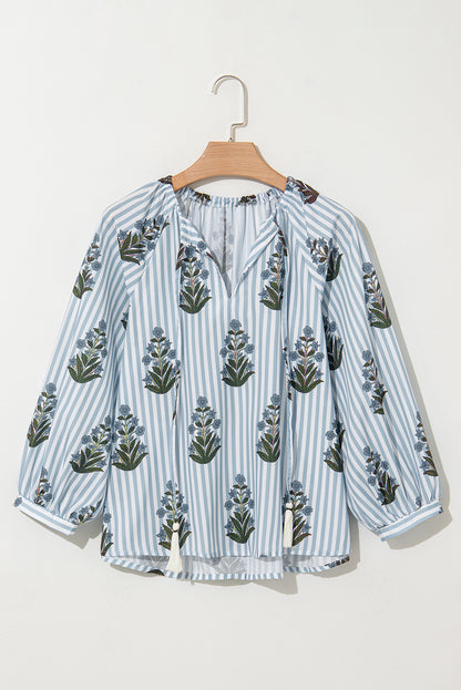 Stripe Floral Long Sleeve V-Neck Blouse