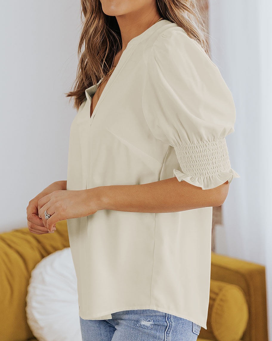 Pleated Puff Sleeve V-Neck Blouse