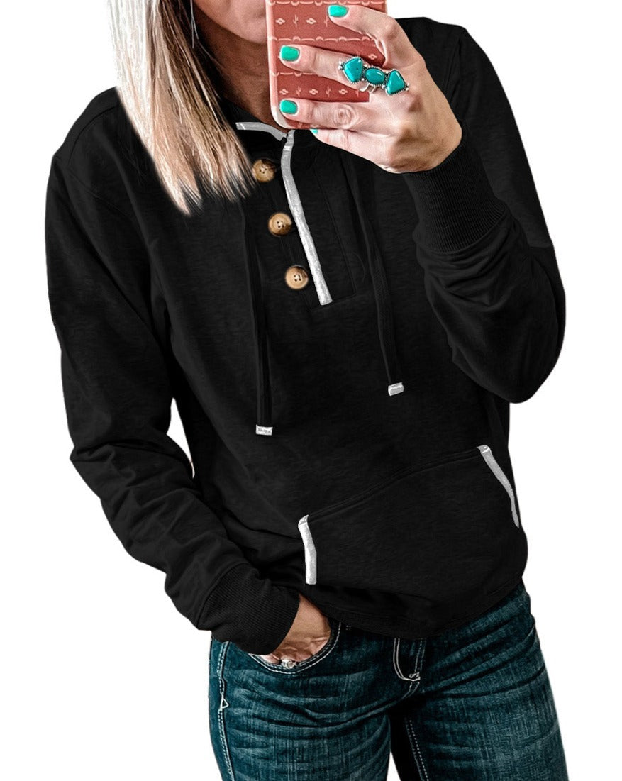 Contrast Trim Buttoned Hoodie w/Pocket