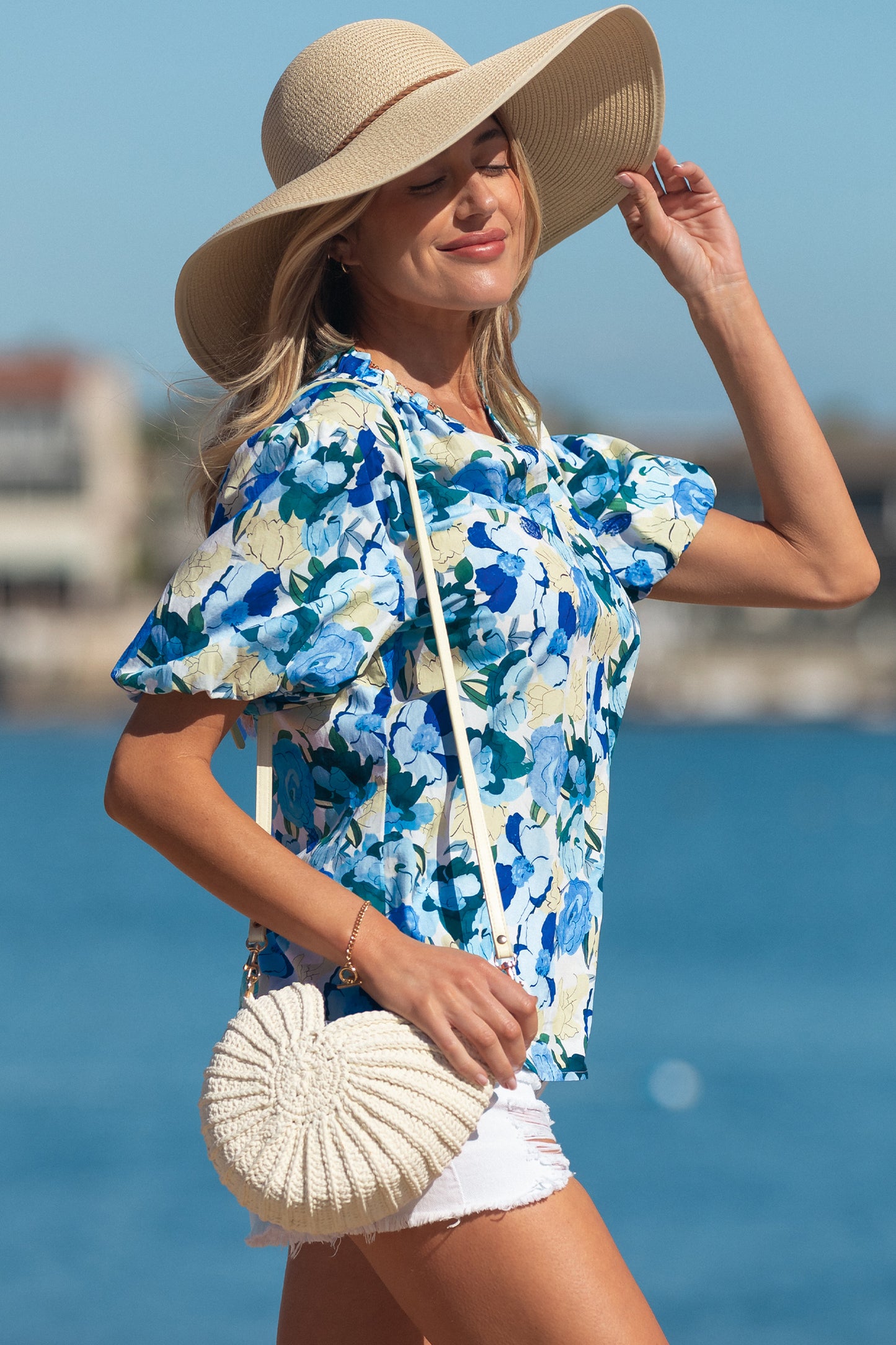 Floral Puff Sleeve V-Neck Short Blouse