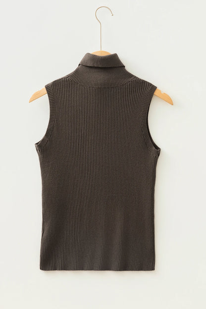 Solid Ribbed Knit Turtleneck Sleeveless Top