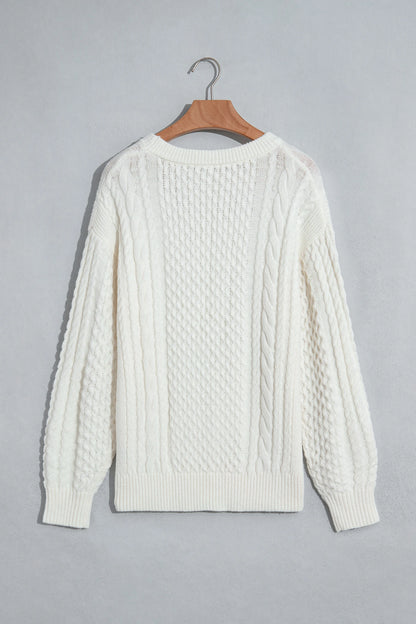 Solid Cable Knit Round Neck Long Sleeve Sweater