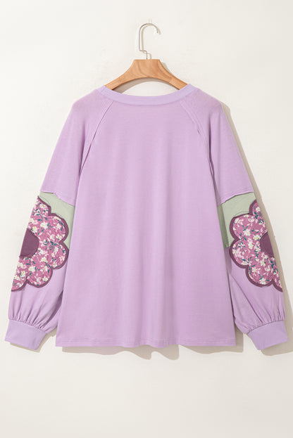 Plus Size Floral Patch Colorblock Long Sleeve Top