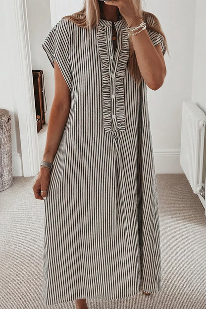 Stripe Frilled Half Buttoned Maxi Dress