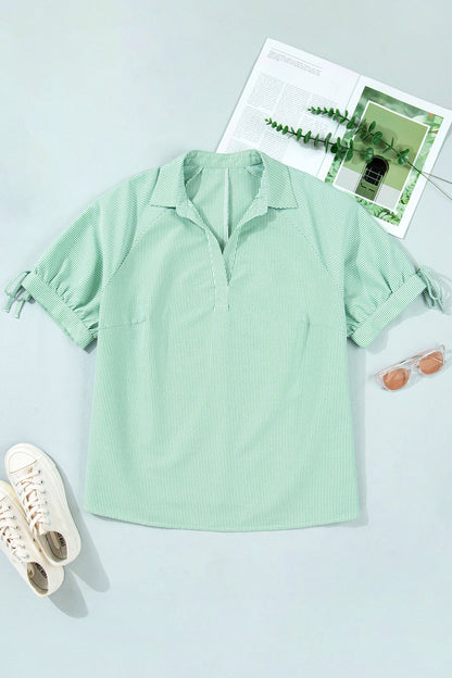 Plus Size Stripe Collar V-Neck Short Sleeve Blouse
