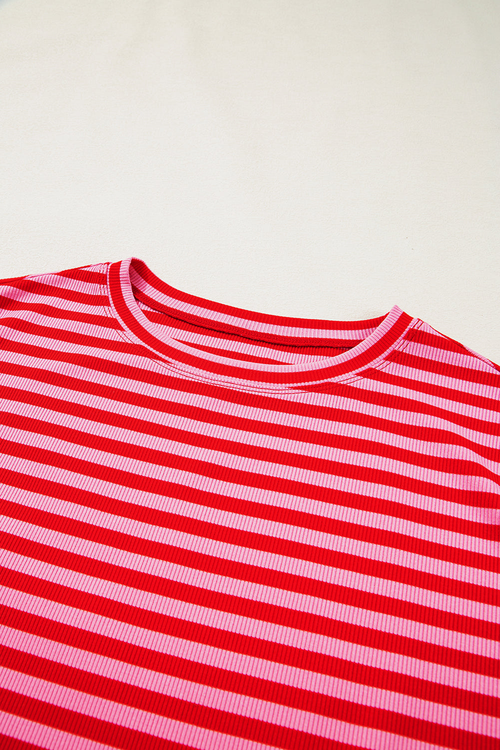 Stripe Ribbed Cap Sleeve Round Neck T-Shirt