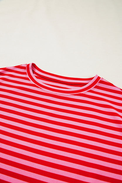 Stripe Ribbed Cap Sleeve Round Neck T-Shirt