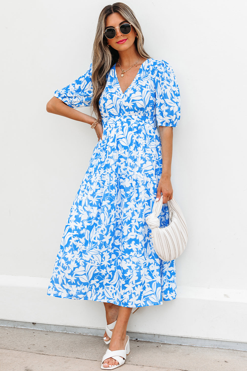 Floral V-Neck Puff Sleeve Flowy Maxi Dress